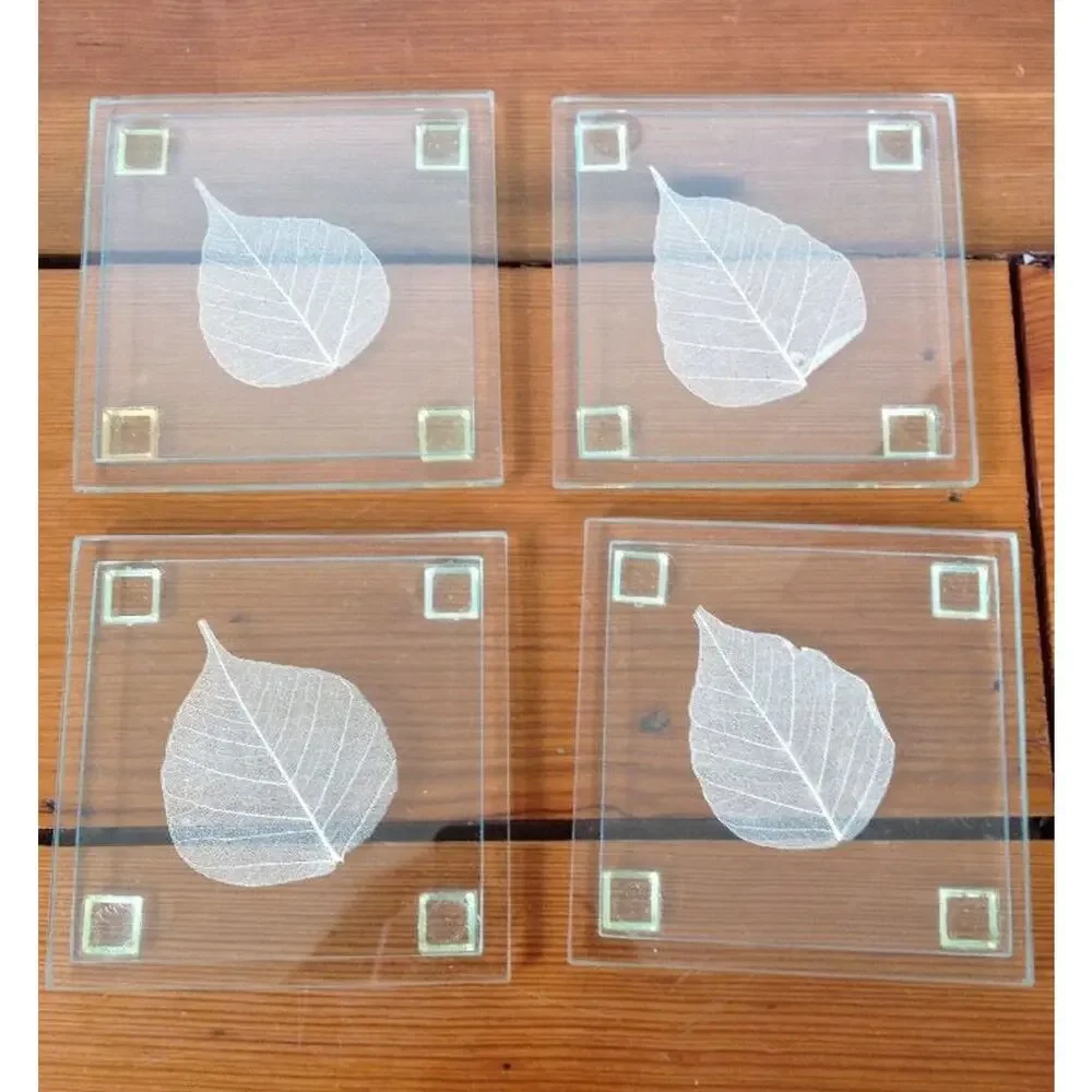 Set of 4 Real Leaf Clear Glass Floral Nature Drink Cocktail Coastal Coasters 4